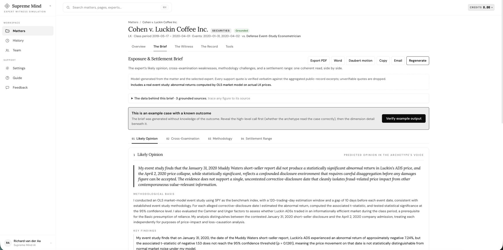 The Exposure and Settlement Brief for In re Luckin Coffee open in the Supreme Mind product, showing the four artifact tabs and the example-case banner.